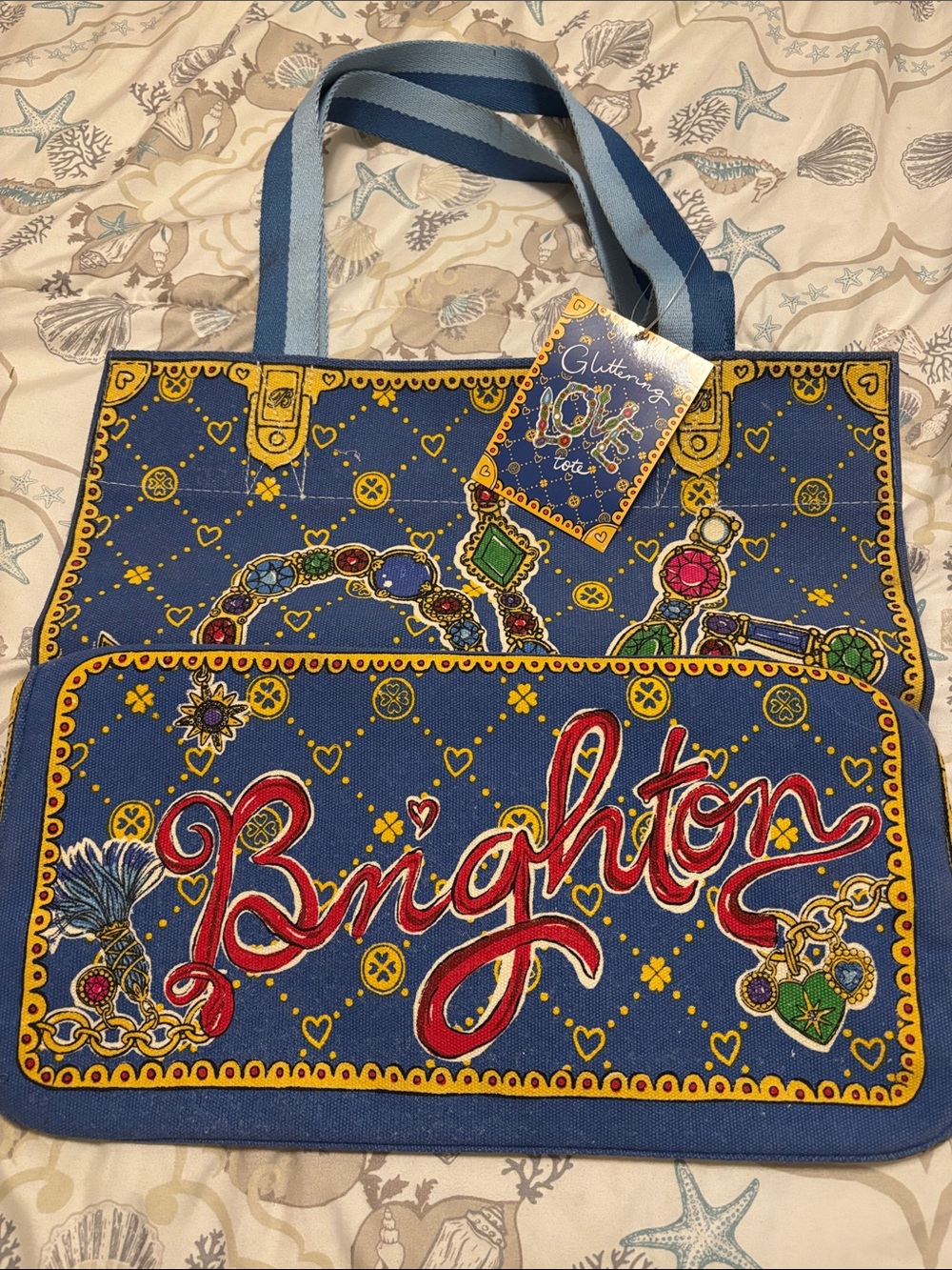 Brighton Blue Tote with Red Script and Multicolor Jewel Accents
